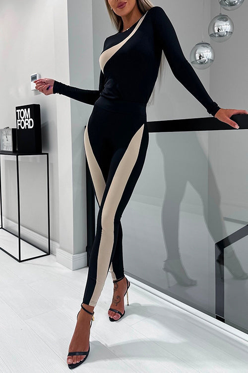 Long Sleeves Color Block Skinny One-piece Jumpsuit