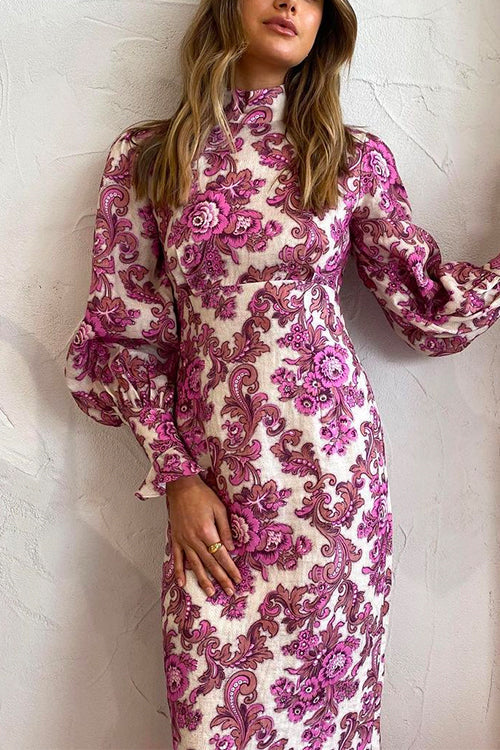 Vintage Turtleneck Balloon Sleeves High Waist Floral Maxi Dress