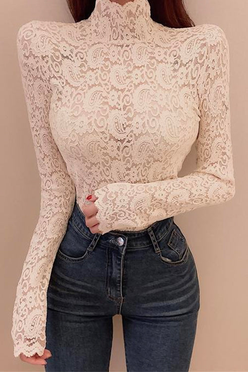 Margovil Turtleneck Long Sleeves Hollow Out Lace Top