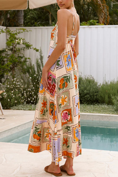 Adjustable Spaghetti Strap Printed Swing Maxi Holiday Dress