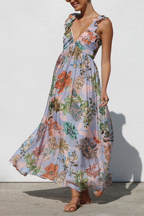 Margovil Sleeveless V Neck Floral Print Maxi Holiday Dress