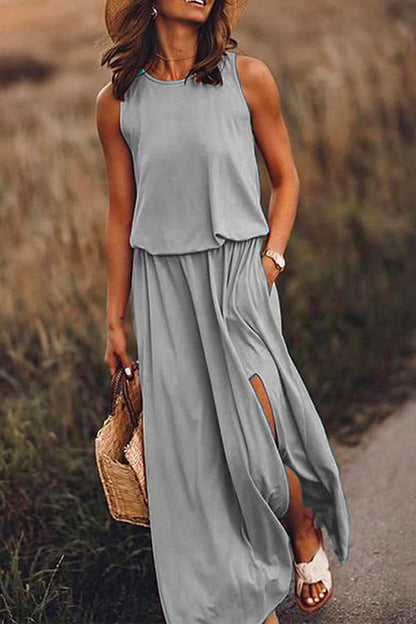 Margovil Sleeveless Waisted Slit Maxi Tank Dress