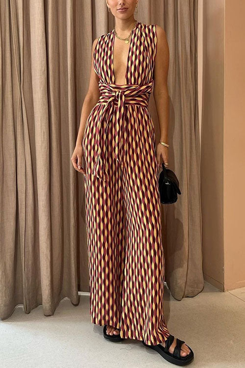 Margovil Chic Back Criss Cross Knot Waist Wide Leg Printed Jumpsuit