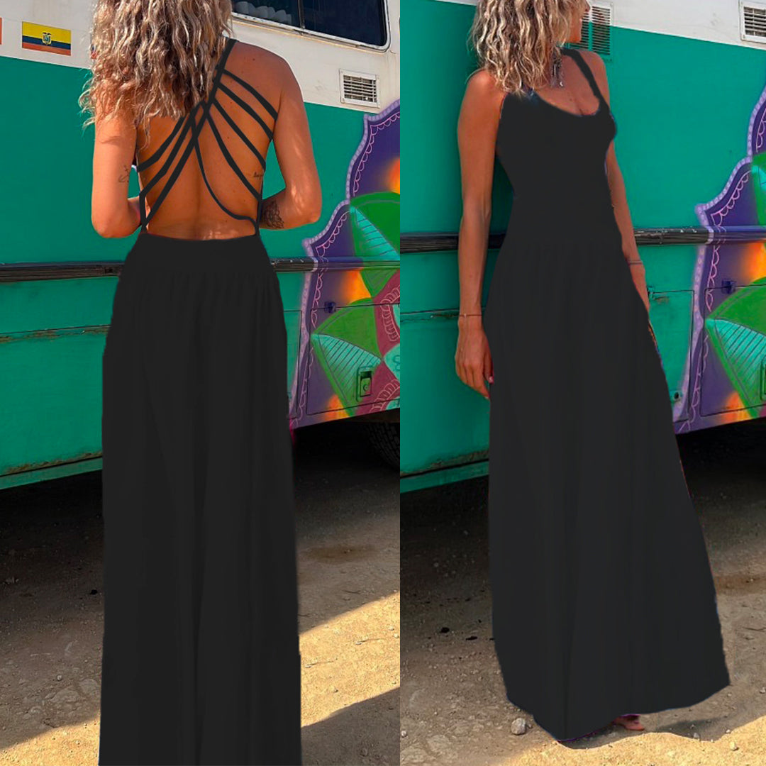 Margovil Solid Criss Cross Backless Maxi Cami Dress