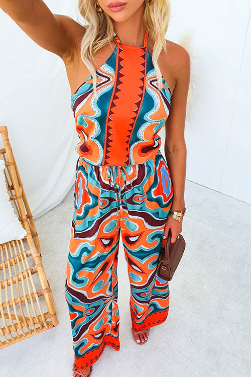 Sleeveless Halter Backless Color Block Print Top