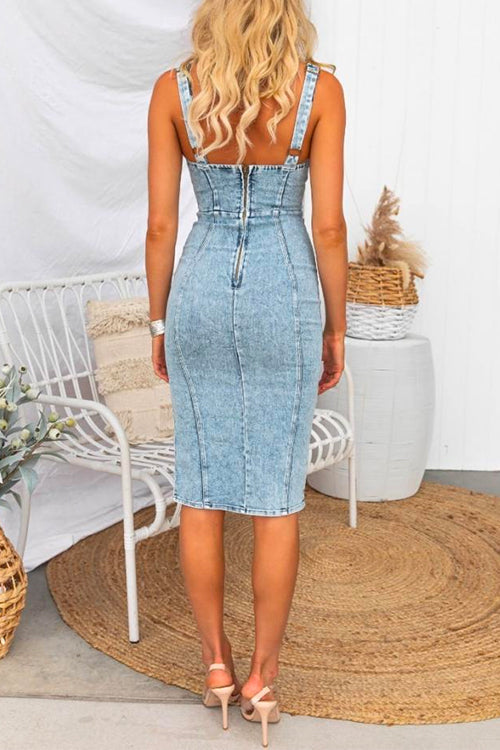 U Neck Zip Up Slit Denim Bodycon Cami Dress