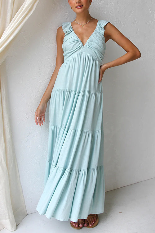 Margovil V Neck Ruffle Trim Tiered Sleeveless Linen Maxi Dress