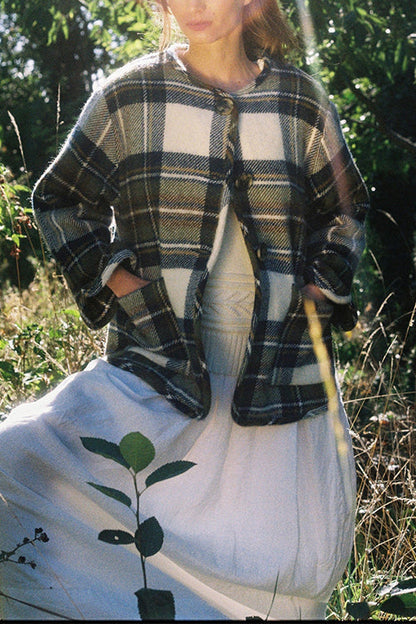 Manteau à carreaux boutonné vintage avec poches