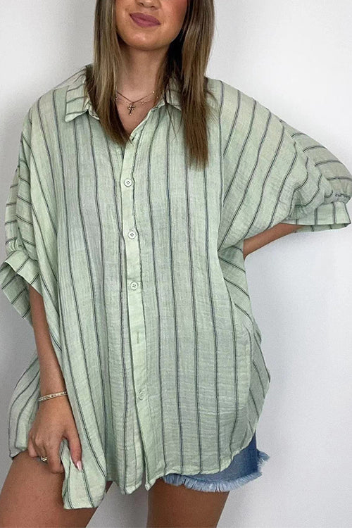 Margovil Oversized Button Down Batwing Sleeves Striped Shirt