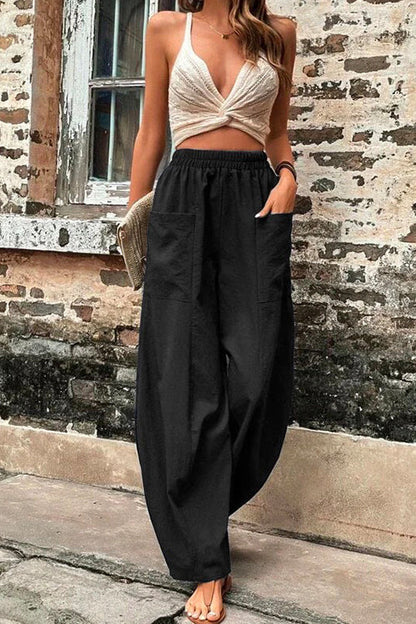 Margovil Elastic Waist Pockets Tapered Wide Leg Pants