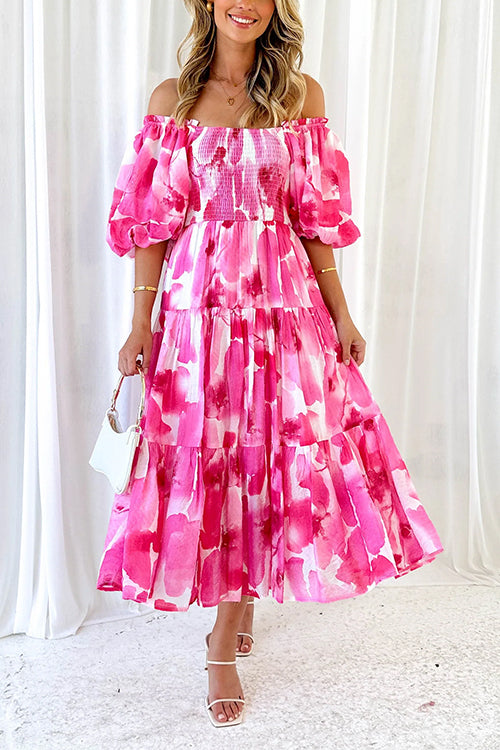 Margovil Off Shoulder Puff Sleeves Ruffle Tiered Printed Midi Dress