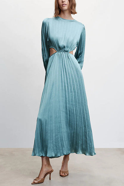 Margovil Long Sleeves Cut Out Waist Pleated Maxi Dress