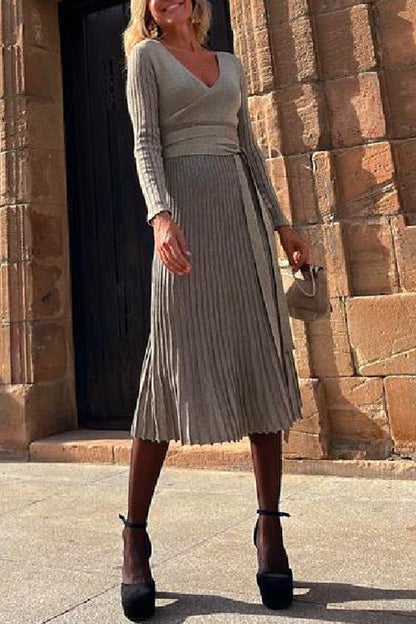 Wrap V Neck Tie Waist Pleated Midi Dress