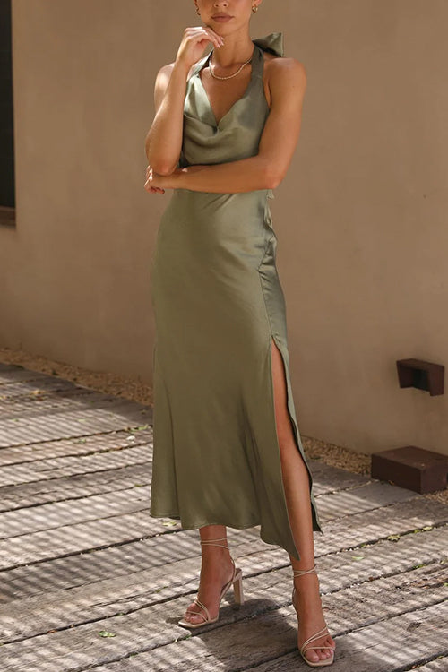 Margovil Sleeveless Cowl Neck Open Back Side Slit Midi Dress