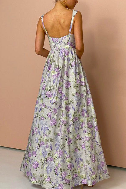 Spaghetti Strap Empire Waist Wisteria Print Swing Maxi Dress