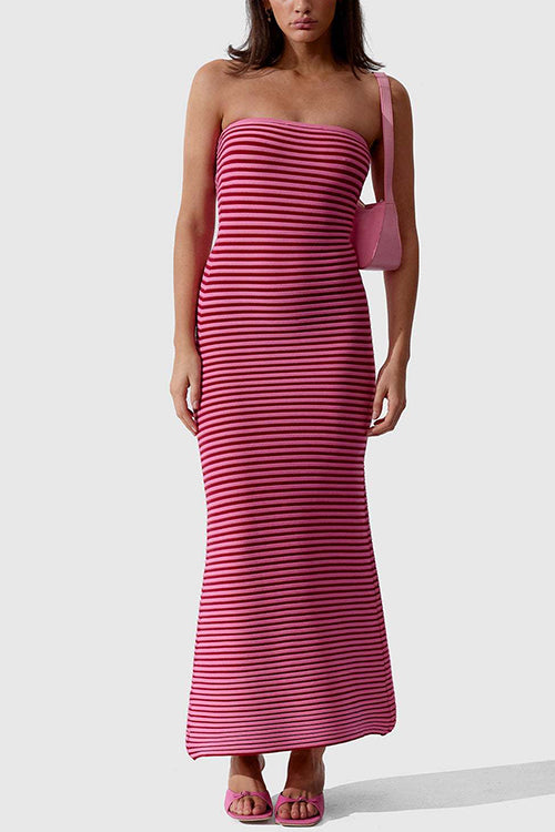 Margovil Strapless Tube Striped Knit Maxi Bodycon Dress