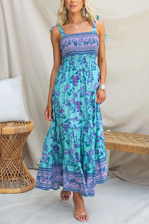 Tie Shoulder Smocked High Waist Tiered Floral Maxi Cami Dress