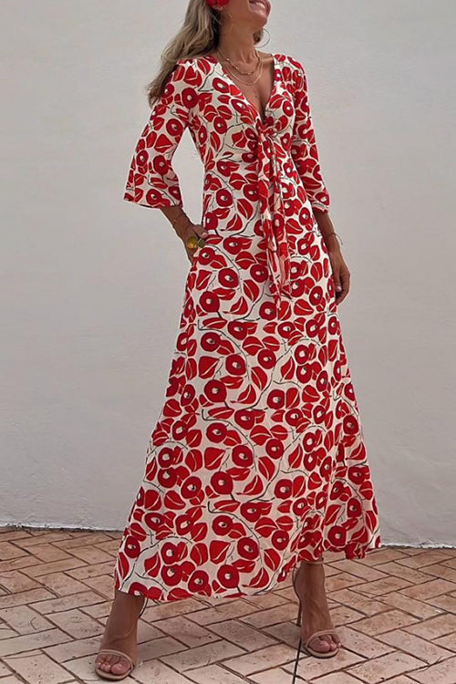 Tie Knot V Neck 3/4 Sleeves Abstract Print Maxi Swing Dress