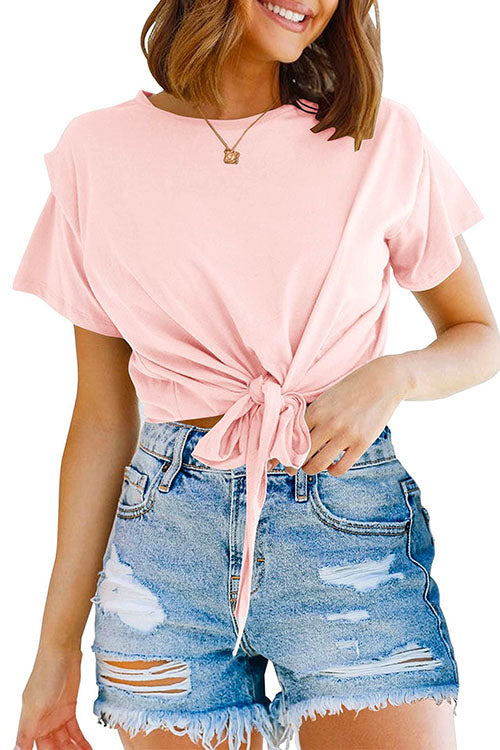 Margovil Short Sleeve Knot Front Cropped T-shirt