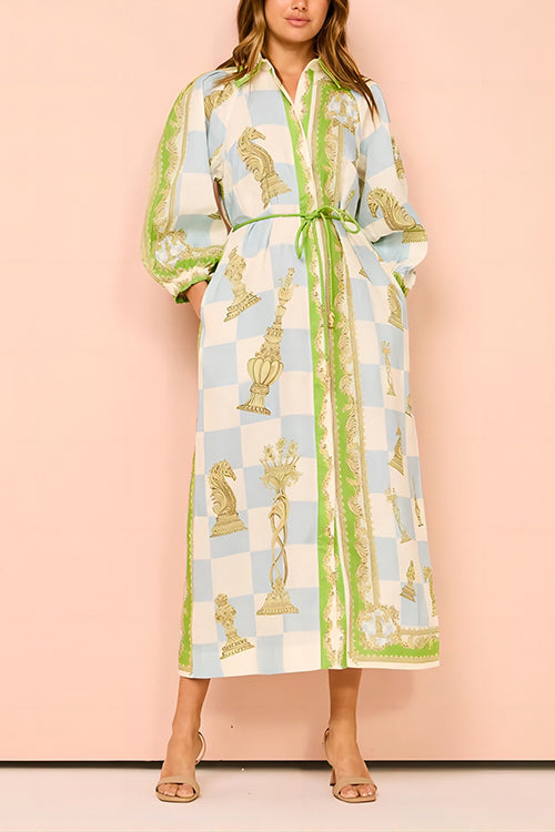 Margovil Button Down Tie Waist Pocketed Unique Print Midi Shirt Dress