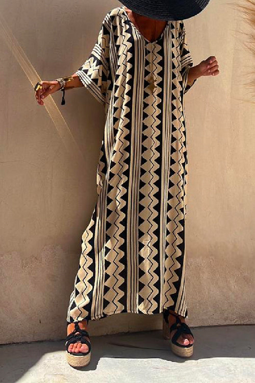 V Neck Ethnic Geometric Printed Shift Maxi Dress