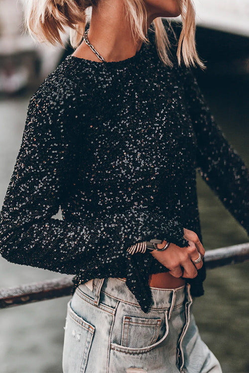 Crewneck Back Cut Out Sparkle Sequin Pullovers