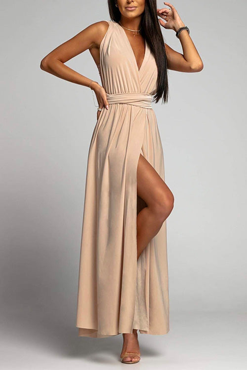 Margovil V Neck Sleeveless Back Criss Cross High Slit Maxi Party Dress