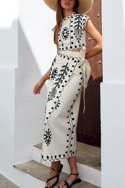 Margovil Printed Cap Sleeves Crop Top Tie Waist Maxi Wrap Skirt Set