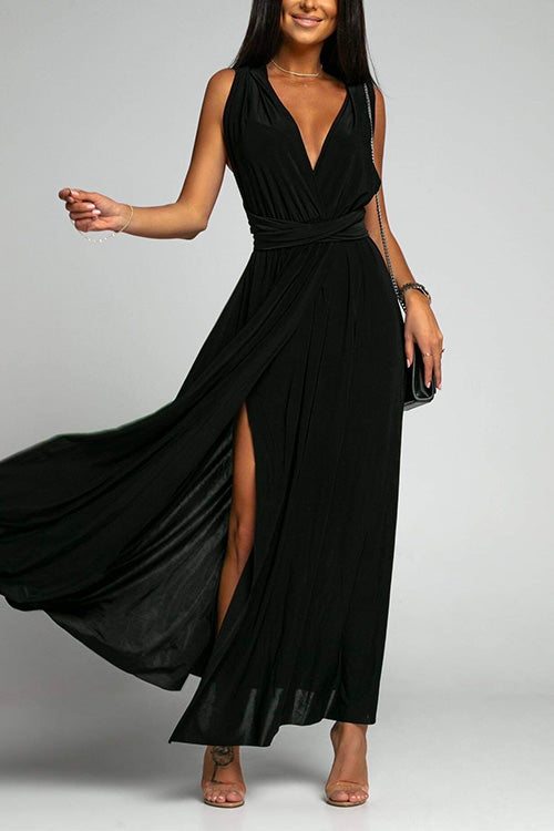 Margovil V Neck Sleeveless Back Criss Cross High Slit Maxi Party Dress