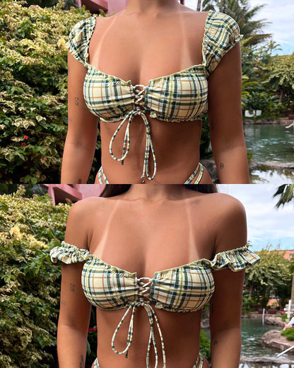 Check Off-Shoulder Tie Bikini Set