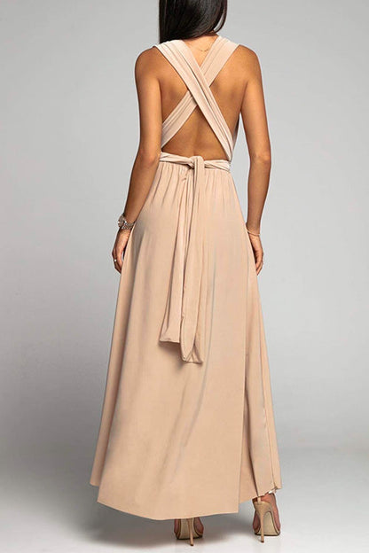 Margovil V Neck Sleeveless Back Criss Cross High Slit Maxi Party Dress