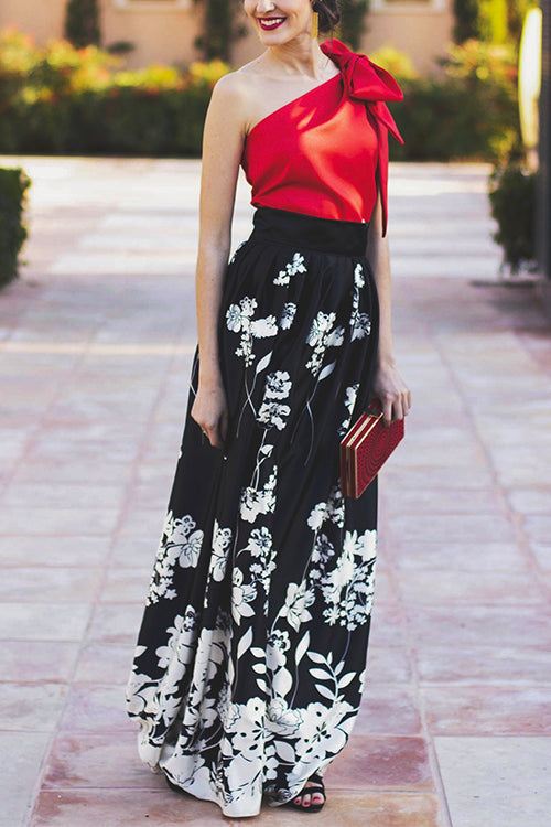 High Waist Floral Print Swing Maxi Satin Skirt