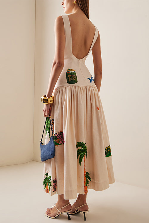 Margovil Sleeveless Tropic Print Open Back Ruffle Maxi Dress