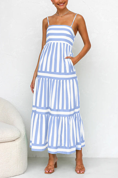 Margovil Spaghetti Strap Tiered Color Block Striped Maxi Dress