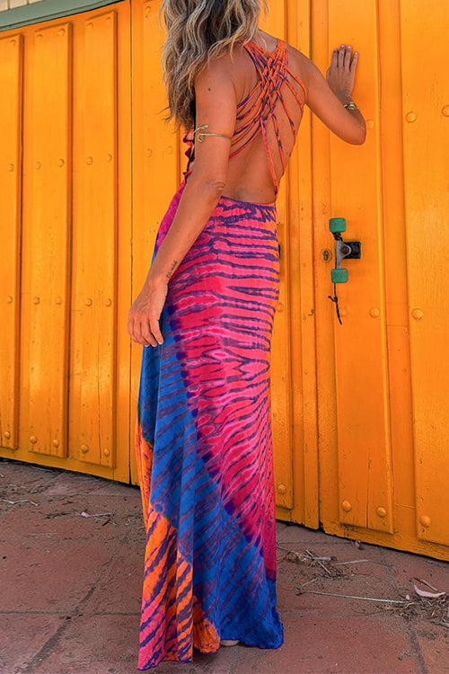 Back Criss Cross Sleeveless Color Block Tie Dye Maxi Dress