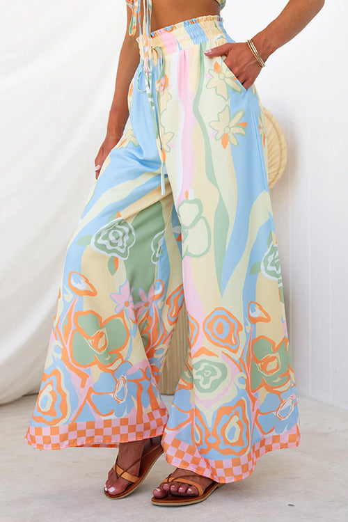 Drawstring Elastic Waist Printed Wide Leg Palazzo Pants