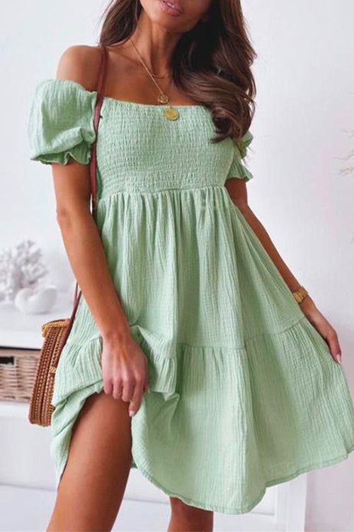 Margovil Off Shoulder Short Sleeve Smocked Ruffle Swing Dress