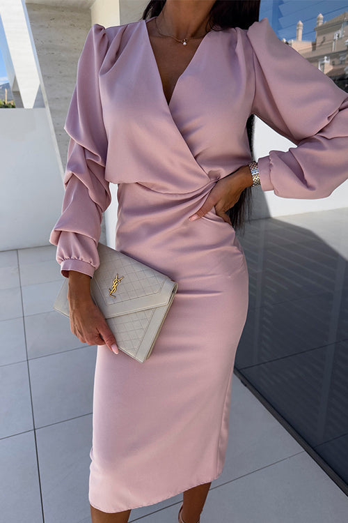 Margovil Wrap V Neck Long Sleeves Bodycon Midi Dress