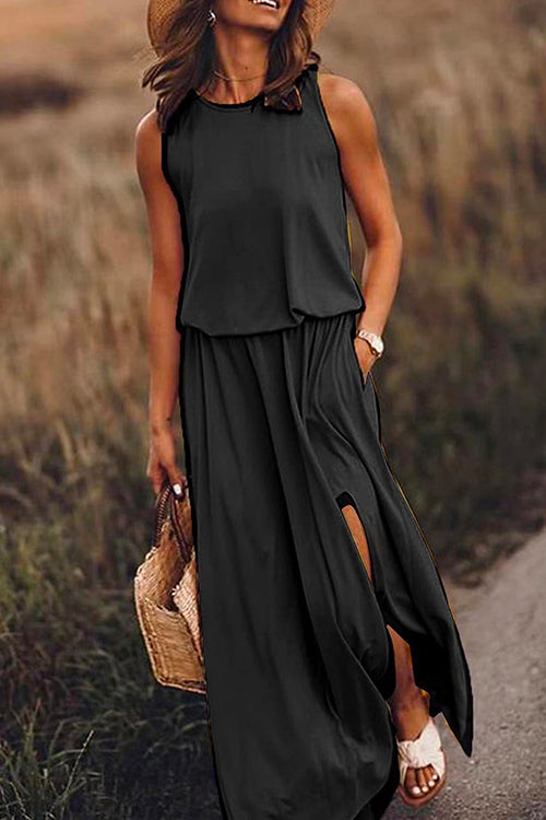 Margovil Sleeveless Waisted Slit Maxi Tank Dress