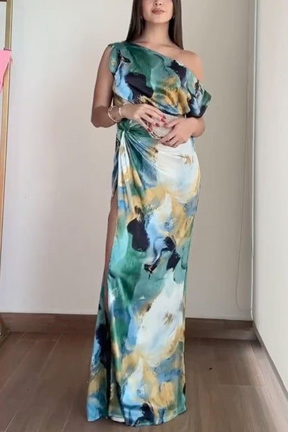 Asymmetric Shoulder Twist High Slit Printed Maxi Dress