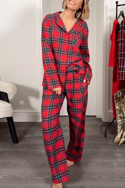 Ensemble pyjama à carreaux de Noël avec chemise boutonnée à manches longues et pantalon à jambe droite 