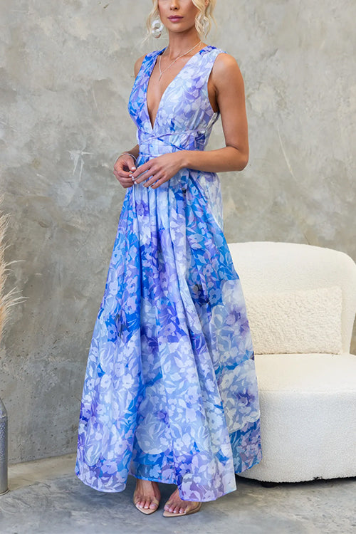 Deep V Neck Sleeveless Tie Waist Printed Maxi Dress