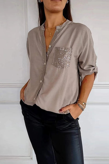 Margovil Rolled Up Sleeves Button Down Sequin Splice Blouse Shirt