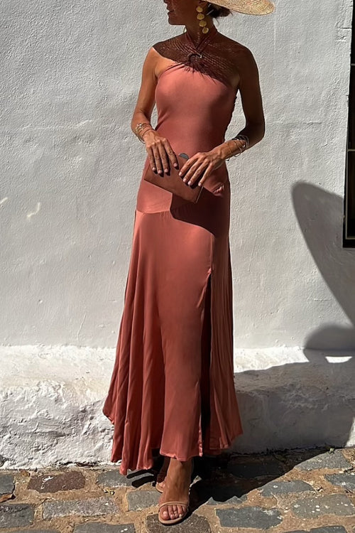 Chic Sleeveless Halter Slit Maxi Swing Dress