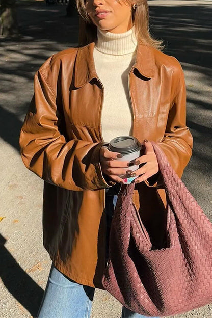 Oversized Lapel Zip Up Faux Leather Jacket