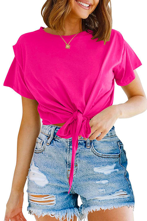 Margovil Short Sleeve Knot Front Cropped T-shirt