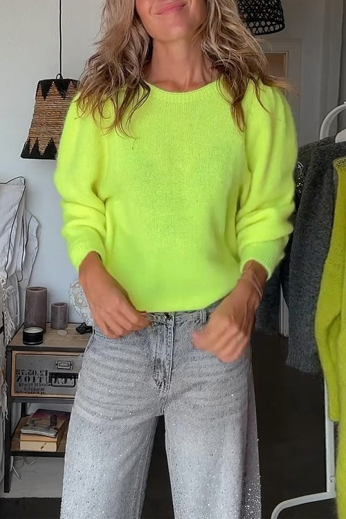 Fluoreszierender Pullover mit Rundhalsausschnitt und Puffärmeln (2 Farben!)