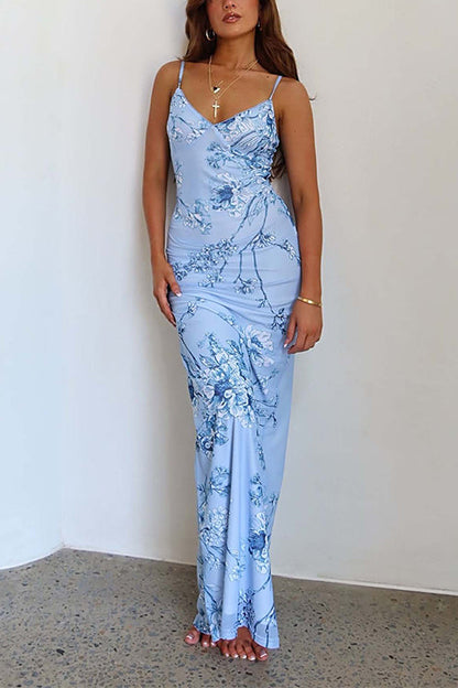 Margovil Spaghetti Strap V Neck Floral Print Bodycon Maxi Dress