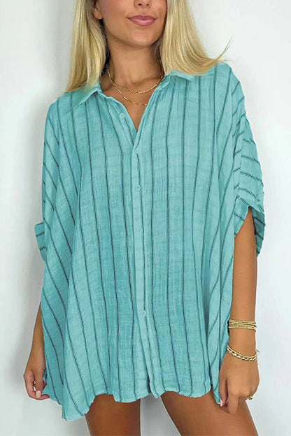 Margovil Oversized Button Down Batwing Sleeves Striped Shirt