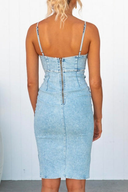 Margovil High Waist Slit Distressed Denim Bodycon Cami Dress